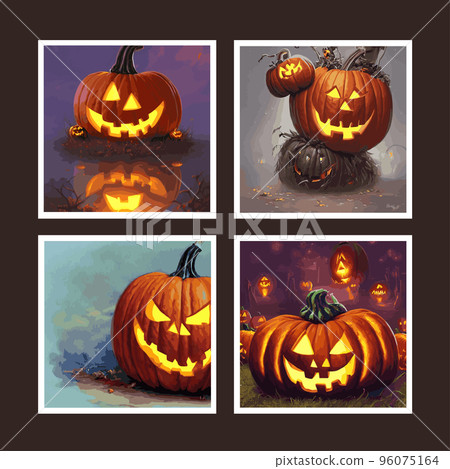 set of four square sets. Spooky pumpkins vector illustration in fantasy style .Stylized halloween horror pumpkin for spooky party decoration, mockup, web page design template set of four square sets. Spooky pumpkins vector illustration in fantasy style .Stylized halloween horror pumpkin for spooky party decoration, mockup, web page design template 96075164