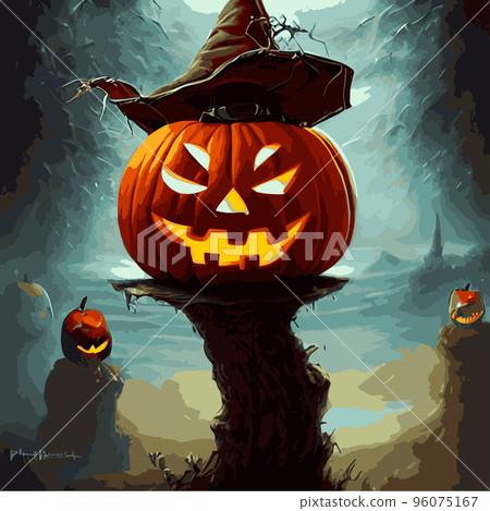 Spooky vector illustration pumpkins fantasy style. Halloween stylized horror pumpkin spooky party decoration, mockup, web page design template. posters, banners, invitations, advertisements, flyers Spooky vector illustration pumpkins fantasy style. Halloween stylized horror pumpkin spooky party decoration, mockup, web page design template. posters, banners, invitations, advertisements, flyers 96075167