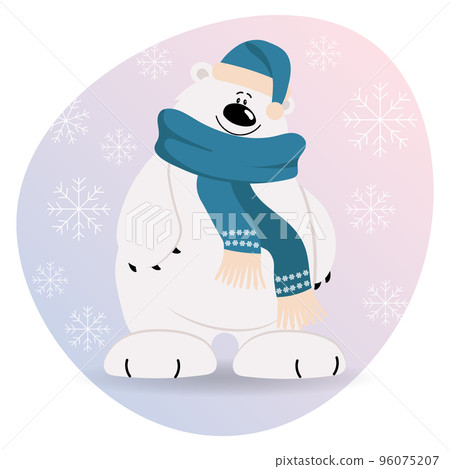 Merry Christmas greeting card, cute cartoon polar bear in a scarf and hat on a background of snowflakes. Pint, vector 96075207