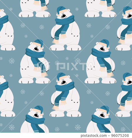 Seamless pattern, cute cartoon polar bear in a scarf and hat on a background of snowflakes. Print, textile, vector 96075208