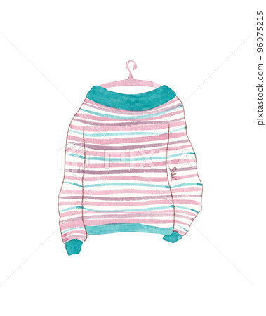 Flat watercolor cartoon of cozy warm striped sweater. Women's knitted warm clothes Flat watercolor cartoon of cozy warm striped sweater. Women's knitted warm clothes 96075215