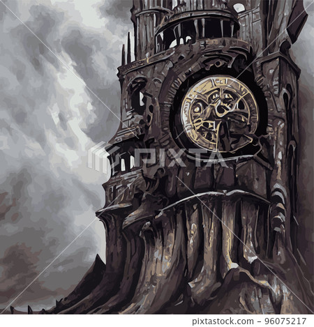 Gothic castle behind the gates in the moonlight scary building with ghosts Halloween festive concept flat vector illustration .Silhouette of fantasy fairy tale cathedral .Medieval architecture. 96075217
