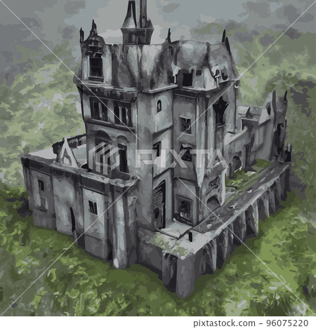 Gothic castle behind the gates in the moonlight scary building with ghosts Halloween festive concept flat vector illustration .Silhouette of fantasy fairy tale cathedral .Medieval architecture. 96075220
