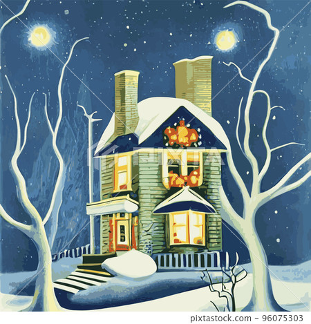 Vector illustration of Christmas night scene with snowy wooden house and decorated fir tree, sweet home in snowy forest. Christmas, happy new year Vector illustration of Christmas night scene with snowy wooden house and decorated fir tree, sweet home in snowy forest. Christmas, happy new year 96075303
