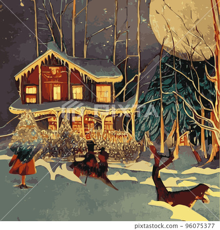 Christmas city illustration. Christmas snowy old town. Cartoon buildings. Christmas background. City street at winter. New Year greeting opening. Christmas city illustration. Christmas snowy old town. Cartoon buildings. Christmas background. City street at winter. New Year greeting opening. 96075377