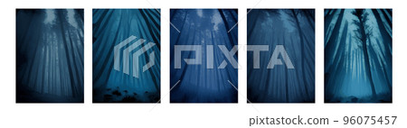 set of vertical posters. Silhouettes of trees in a dark night forest with a blue haze tint. Fantastic mysterious landscape. Foggy forest background. Paranormal, mystical concept. Vector illustration. 96075457