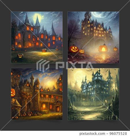 set halloween night background with spooky castle pumpkins fantasy style vector illustration. Halloween with scary pumpkins, Dracula's castle various silhouettes flying bats against backdrop full moon set halloween night background with spooky castle pumpkins fantasy style vector illustration. Halloween with scary pumpkins, Dracula's castle various silhouettes flying bats against backdrop full moon 96075528