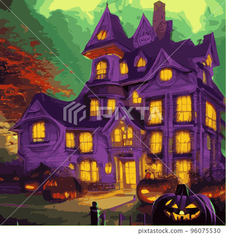 Happy Halloween poster in fantasy style, night background with spooky pumpkins on dark gothic castle background, illustration. Vector elements for banner, Halloween celebration greeting card. Happy Halloween poster in fantasy style, night background with spooky pumpkins on dark gothic castle background, illustration. Vector elements for banner, Halloween celebration greeting card. 96075530