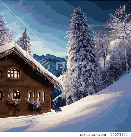 Winter mountain landscape with wooden house, chalet, snow, illuminated mountain peaks, hill, forest, Vector flat illustration. Winter landscape and winter holiday hut. Merry christmas card with house Winter mountain landscape with wooden house, chalet, snow, illuminated mountain peaks, hill, forest, Vector flat illustration. Winter landscape and winter holiday hut. Merry christmas card with house 96075551