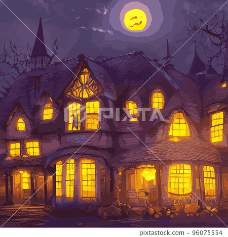 Happy Halloween poster in fantasy style, night background with spooky pumpkins on dark gothic castle background, illustration. Vector elements for banner, Halloween celebration greeting card. 96075554