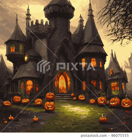 Halloween night background image with spooky castle and pumpkins. Vector elements banner, Halloween celebration greeting card, Halloween party poster. haunted house and full moon, vector illustration 96075555