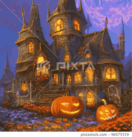 Happy Halloween poster in fantasy style, night background with spooky pumpkins on dark gothic castle background, illustration. Vector elements for banner, Halloween celebration greeting card. 96075559