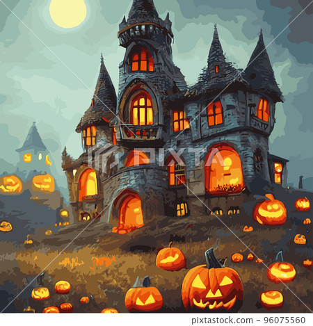 Halloween night background image with spooky castle and pumpkins. Vector elements banner, Halloween celebration greeting card, Halloween party poster. haunted house and full moon, vector illustration 96075560