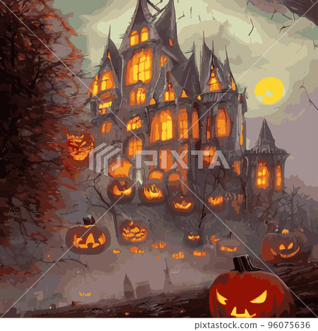 Halloween poster background. Foggy landscape with bats, big moon, pumpkins, trees and a dark gothic castle in the background. Illustrator vector template ,Scary horror halloween party Halloween poster background. Foggy landscape with bats, big moon, pumpkins, trees and a dark gothic castle in the background. Illustrator vector template ,Scary horror halloween party 96075636