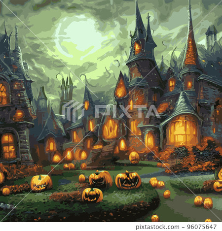 Happy Halloween poster in fantasy style, night background with spooky pumpkins on dark gothic castle background, illustration. Vector elements for banner, Halloween celebration greeting card. 96075647