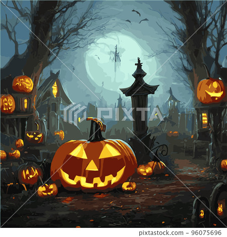 Halloween. Happy Halloween Fantasy Illustration with Halloween pumpkin, trees, house, moon on the background of old gothic castles. Fantasy poster for halloween Halloween. Happy Halloween Fantasy Illustration with Halloween pumpkin, trees, house, moon on the background of old gothic castles. Fantasy poster for halloween 96075696