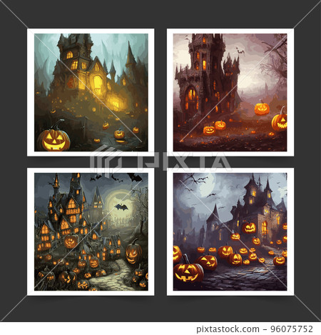 set halloween night background with spooky castle pumpkins fantasy style vector illustration. Halloween with scary pumpkins, Dracula's castle various silhouettes flying bats against backdrop full moon 96075752