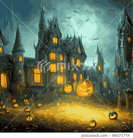 Halloween poster background. Halloween illustration mysterious night landscape with castle full moon, pumpkins, trees dark gothic castle background. vector illustrator, Scary horror halloween party 96075754