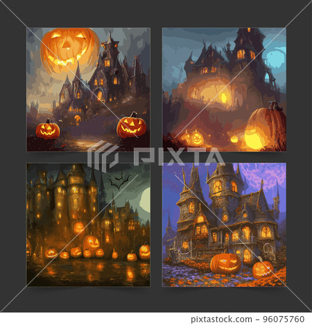 set halloween night background with spooky castle pumpkins fantasy style vector illustration. Halloween with scary pumpkins, Dracula's castle various silhouettes flying bats against backdrop full moon 96075760
