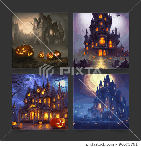 set halloween night background with spooky castle pumpkins fantasy style vector illustration. Halloween with scary pumpkins, Dracula's castle various silhouettes flying bats against backdrop full moon 96075761