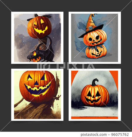 set Funny Halloween pumpkin background with hat his head fantasy style. Vector illustration postcard poster, print clothes or wrapping paper. Happy Halloween. Pumpkin Scarecrow Thanksgiving Party  96075762