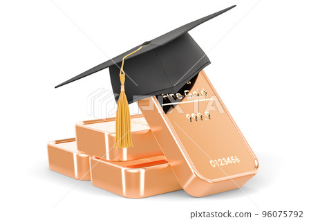 Gold bars with graduation cap. 3D rendering Gold bars with graduation cap. 3D rendering 96075792