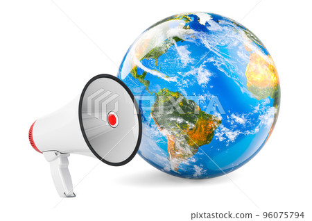 Megaphone with Earth Globe. Global promotion concept, 3D rendering Megaphone with Earth Globe. Global promotion concept, 3D rendering 96075794