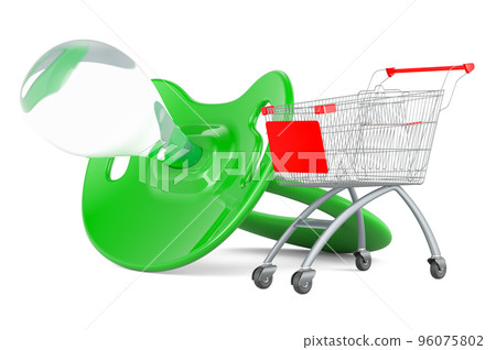 Shopping basket with baby pacifier. 3D rendering Shopping basket with baby pacifier. 3D rendering 96075802