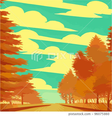 Autumn countryside scenery with sunset, panoramic mid-autumn leaves falling from trees in orange foliage. Wonderland in autumn season , Autumn landscape Background 96075860