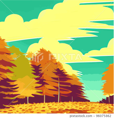 Autumn countryside scenery with sunset, panoramic mid-autumn leaves falling from trees in orange foliage. Wonderland in autumn season , Autumn landscape Background 96075862