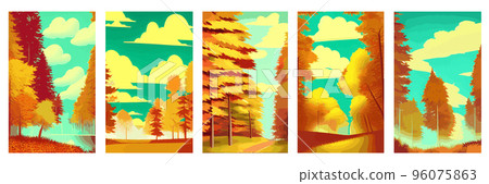 Autumn countryside scenery with sunset, panoramic mid-autumn leaves falling from trees in orange foliage. Wonderland in autumn season , Autumn landscape Background 96075863