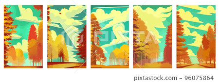 Autumn countryside scenery with sunset, panoramic mid-autumn leaves falling from trees in orange foliage. Wonderland in autumn season , Autumn landscape Background 96075864