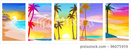 Set vertical retro sunset posters set 80s and 90s style with palm trees beach. Abstract background with sunny gradient. Palm trees silhouettes. design template for logo Summer vacation. Seaside view Set vertical retro sunset posters set 80s and 90s style with palm trees beach. Abstract background with sunny gradient. Palm trees silhouettes. design template for logo Summer vacation. Seaside view 96075959