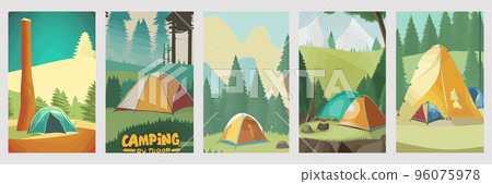 Camping landscape with tent in the forest clearing. Tents in pine forest grass. Summer camping nature. Eco tourism. Outdoor recreation concept. Vector illustration, set of vertical posters Camping landscape with tent in the forest clearing. Tents in pine forest grass. Summer camping nature. Eco tourism. Outdoor recreation concept. Vector illustration, set of vertical posters 96075978