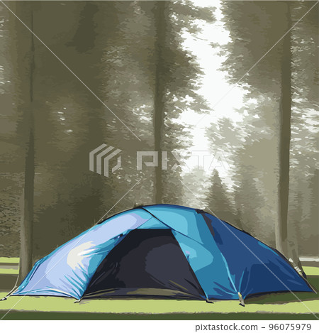 Camping tent near green forest and mountains. Summer or spring landscape. Cartoon tourist camp with a picnic place and a tent among the forests, mountain landscape. Vector illustration in flat style Camping tent near green forest and mountains. Summer or spring landscape. Cartoon tourist camp with a picnic place and a tent among the forests, mountain landscape. Vector illustration in flat style 96075979