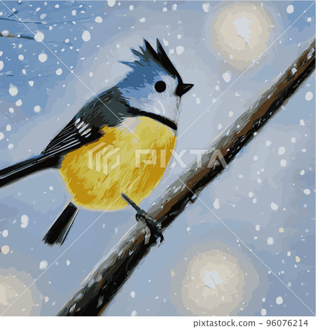 Vector realistic detailed vector illustration winter birds branches. Winter design elements Christmas, holidays. sitting branch. Winter background. Tree branch without leaves with flying birds. 96076214