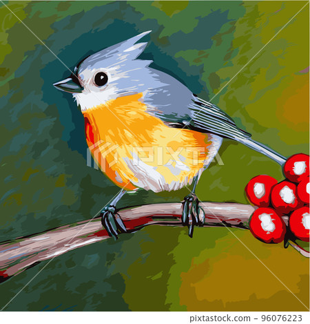 Vector realistic detailed vector illustration winter birds branches. Winter design elements Christmas, holidays. sitting branch. Winter background. Tree branch without leaves with flying birds. 96076223