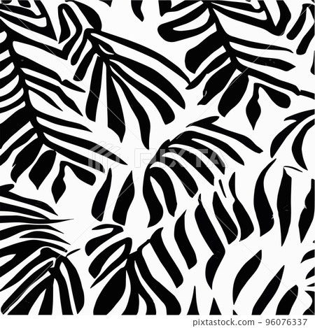 Exotic leaves seamless pattern in black and white. Stylish abstract vector decorative background. Tropical palm leaves, jungle leaf seamless vector floral pattern. Grunge tropical style wallpaper. 96076337