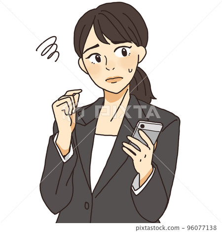 一個穿著西裝、臉色難看的女人看著她的智能手機 一個穿著西裝、臉色難看的女人看著她的智能手機 96077138