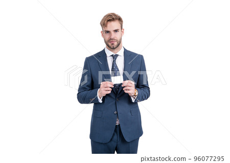 boss with id. contact me. businessman demonstrating credit or debit card. 96077295