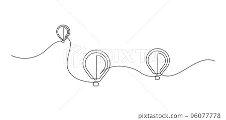 Hot air balloons flying in sky sign. Continuous one line drawing. Vector illustration. Hot air balloons flying in sky sign. Continuous one line drawing. Vector illustration. 96077778