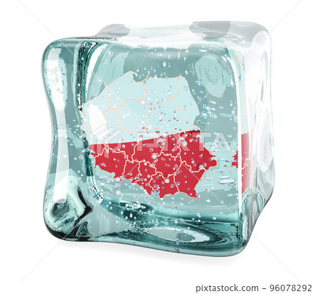 Polish map frozen in ice cube, 3D rendering 96078292