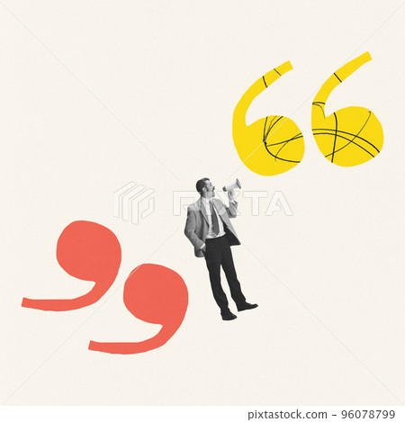 Contemporary art collage. Creative design. Businessman shouting in megaphone, talking about new company rules and strategies 96078799