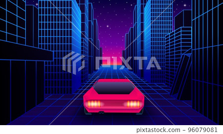 Neon car in 80s synthwave style racing throug the city street. Retrowave auto illustration with shiny neon car on the grid landscape road in 90s arcade game style. 96079081