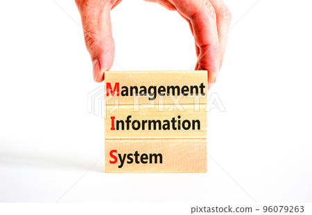 MIS management information system symbol. Concept words MIS management information system on wooden blocks on beautiful white background. Business MIS management information system concept. Copy space 96079263