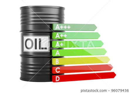 Oil barrel with energy efficiency chart, 3D rendering Oil barrel with energy efficiency chart, 3D rendering 96079436