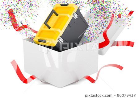 Plastic toolbox inside gift box, present concept. 3D rendering Plastic toolbox inside gift box, present concept. 3D rendering 96079437