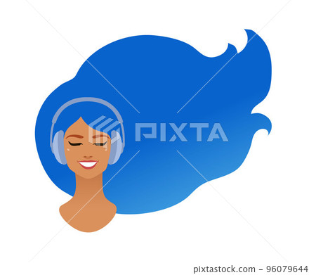 Smiling woman with headphones and blue hair Smiling woman with headphones and blue hair 96079644