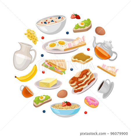 Breakfast dishes of circular shape. Sandwich, fried eggs, bacon, pancakes, coffee and tea cups cartoon vector illustration 96079900