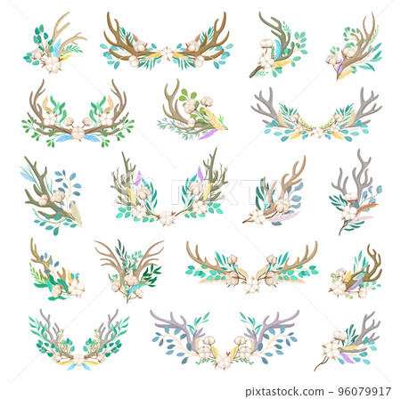 Boho Horns and Antlers Decorated with Cotton Buds and Floral Twigs Big Vector Set 96079917